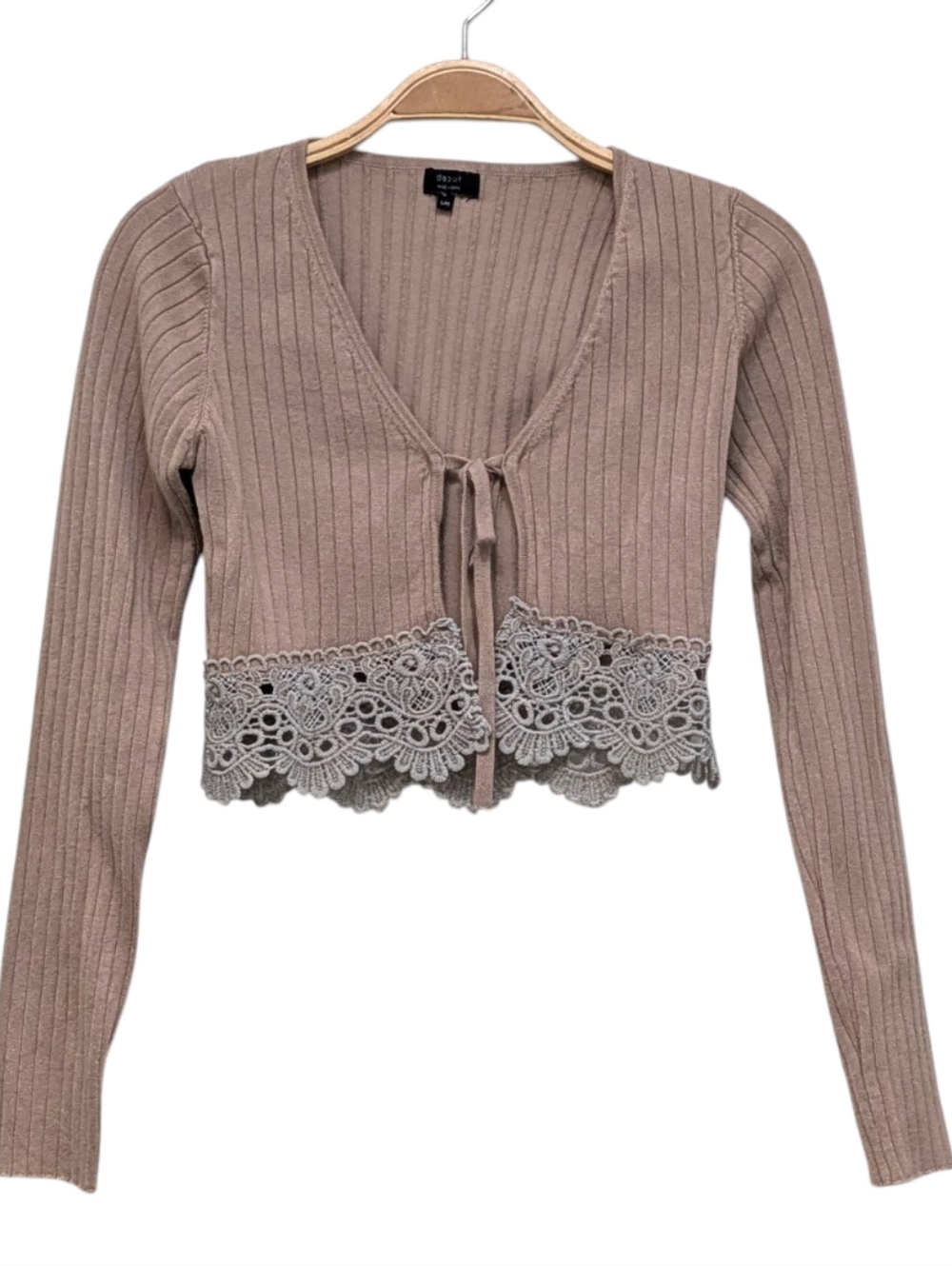Debut Y2K Lace Trim Tie Front Cropped Festival Taupe Cardigan Small